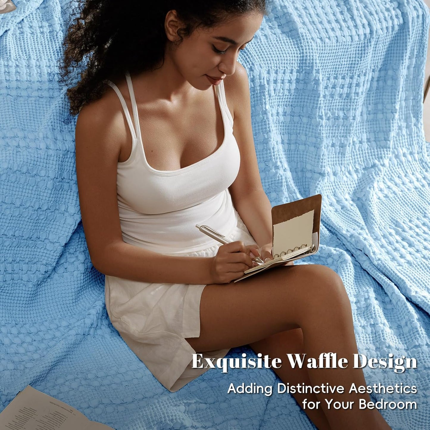 PHF 100% Cotton Waffle Weave Blanket King Size, Soft Lightweight Breathable Cozy Summer Blankets for Bed, Luxury Aesthetic Woven Bedding for Home Decor, 108"x90", Sky Blue