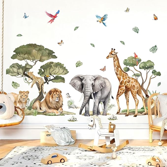 wondever Large Jungle Safari Animals Tree Wall Stickers Elephant Lion Giraffe Leopard Peel and Stick Wall Art Decals for Baby Nursery Kids Bedroom Living Room