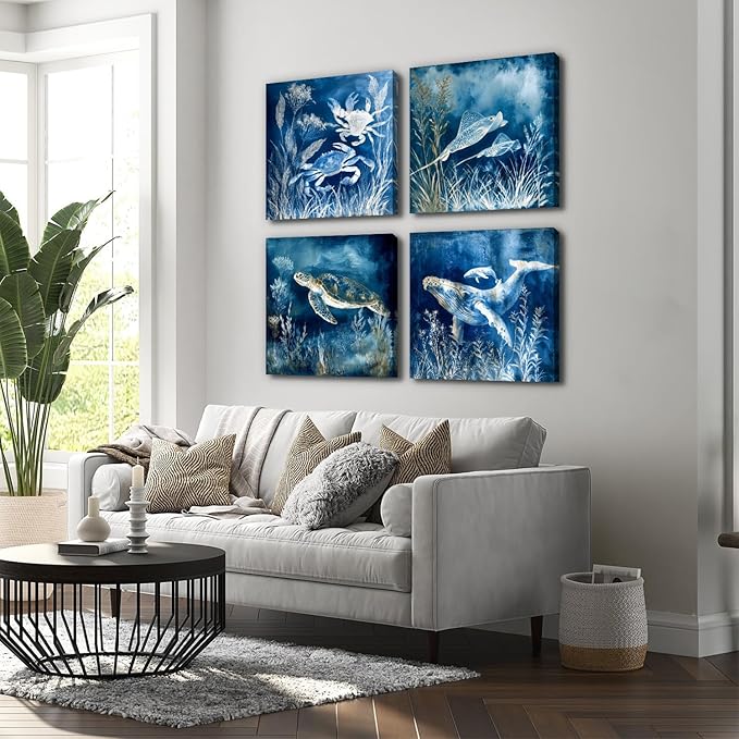 Sea Turtle Wall Art Ocean Wall Decor Navy Blue Coastal Living Room Sea Life Animals Canvas Pictures Whale Turtle Crab Posters Nautical Posters Artwork for Living Room Beach Home Decorations 20x20”