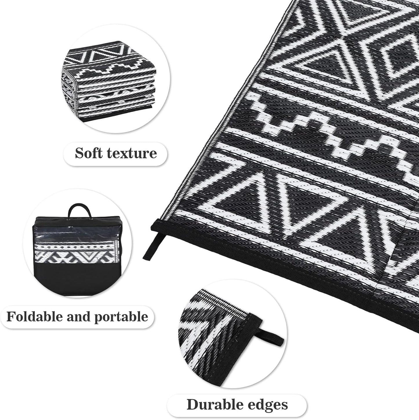 GAOMON Outdoor Rugs Patio Camping Waterproof Rug 6'x9' Plastic Straw Patio Rug Portable for Campers, Outside RVs Mat for Patios Clearance, Backyard Porch, Balcony, Black/White(Bohemia)