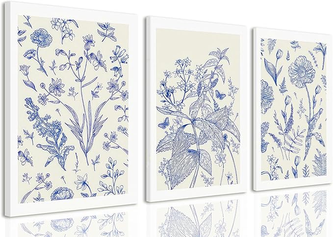 LYPHNX Framed Blue White Chinoiserie Floral Canvas Wall Art Navy Watercolor Flower Painting Posters Set of 3 Minimalist Botanical Wildflower Prints Picture Home Decor for Bedroom Living room 16"x24"