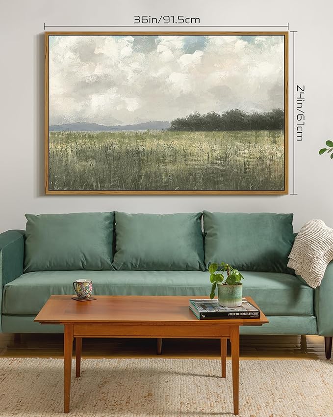 SHENIFY Vintage Landscape Framed Wall Art Country Meadow Scenery Farmhouse Decor Retro Painting for Living Room Bedroom Ready to Hang Wall Artwork - 24x36in Natural Framed