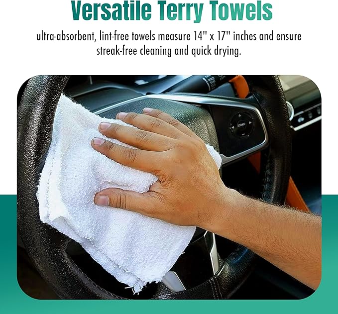 ZUPERIA Terry Towels Pack of 24 (14" X 17" Inches) 100% Cotton Terry Barmop Towels - Absorbent & Durable Bar Rags, Multipurpose Cleaning Rags for Home, Automotive & Garage Cleaning Supplies (White)