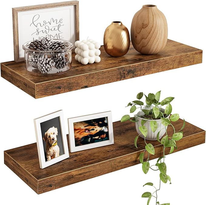 Fixwal Floating Shelves for Wall, 15.7" Wood Wall Mounted Shelves for Living Room, Bedroom, Bathroom and Kitchen, for Storage, Books, Room Decor (Rustic Brown, Set of 2)