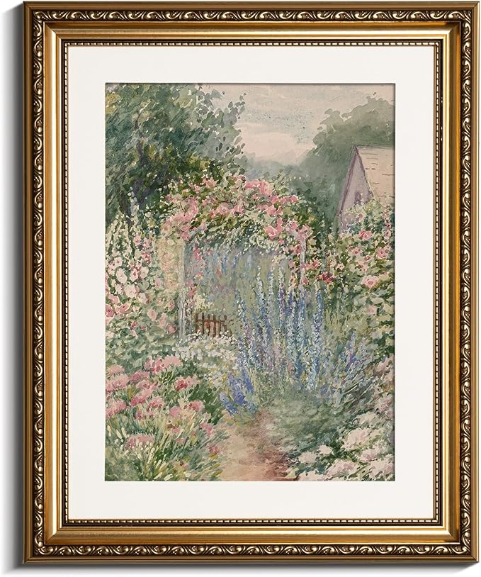 VIYYIEA Gold Framed Impressionist Garden Painting Wall Art, Watercolor Floral Landscape Art for Classic Wall Decor | Elegant Aesthetic, Glass-Free Glare-Proof Design, Lightweight Canvas | 13x16 Inch