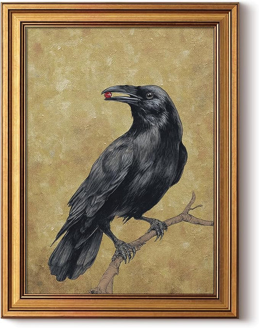 InSimSea Gold Framed Canvas Prints Wall Art, Vintage Birds Decor, Funny Crow Gemstone Paintings Farmhouse Wall Decor Aesthetic, Antique Pictures for Bedroom Living Room Shelf, 12x16inch