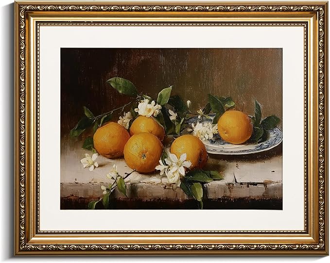 VIYYIEA Gold Framed Vintage Still Life Orange Fruit Canvas Wall Art, Elegant Rustic Kitchen Decor | Zero-Glare No Glass Design, Lightweight, Textured Feel, Easy Hanging | 13x16 Inch