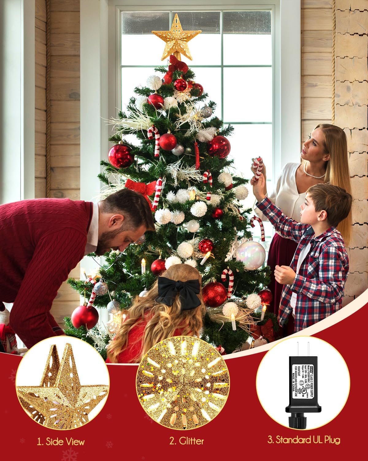 Christmas Star Tree Topper with Built-in Led Snowflake Projector Lights Hollowed Pentagram Tree Topper,Plug in Christmas Tree Ornament for Indoor Office Xmas New Year Holiday Tree Decoration