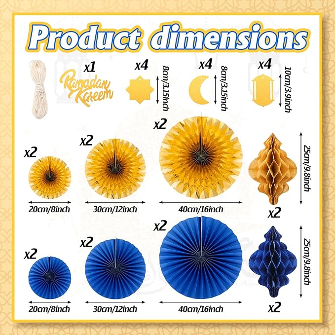 Epakh 29 Pcs Ramadan Decorations for Home Ramadan Hanging Paper Lantern Eid Wall Ceiling Decoration Honeycomb Paper Fan Eid Mubarak Home Decoration Birthday Wedding Party Supply(Blue & Gold)