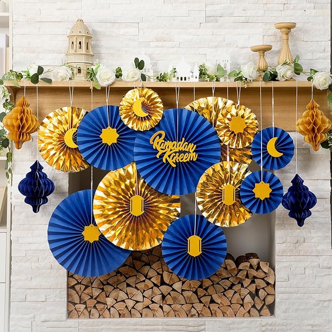 Epakh 29 Pcs Ramadan Decorations for Home Ramadan Hanging Paper Lantern Eid Wall Ceiling Decoration Honeycomb Paper Fan Eid Mubarak Home Decoration Birthday Wedding Party Supply(Blue & Gold)