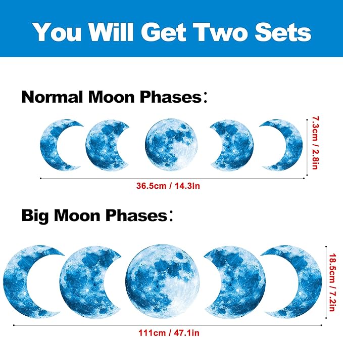 10Pcs Glow in The Dark Moon Wall Decals Large Luminous Space Planet Moon Phases Wall Sticker Glow in The Dark Stickers for Ceiling Removable Vinyl Boho Wall Decor for Kids Boys Girls Bedroom Nursery
