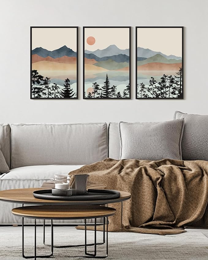 Drsoum Mountain Range Landscape Wall Art Framed Ink Wash Watercolor Nature Wall Decor Laker Sun Rises Prints Bedroom Living Room Ready to Hang 16x24in Black Framed