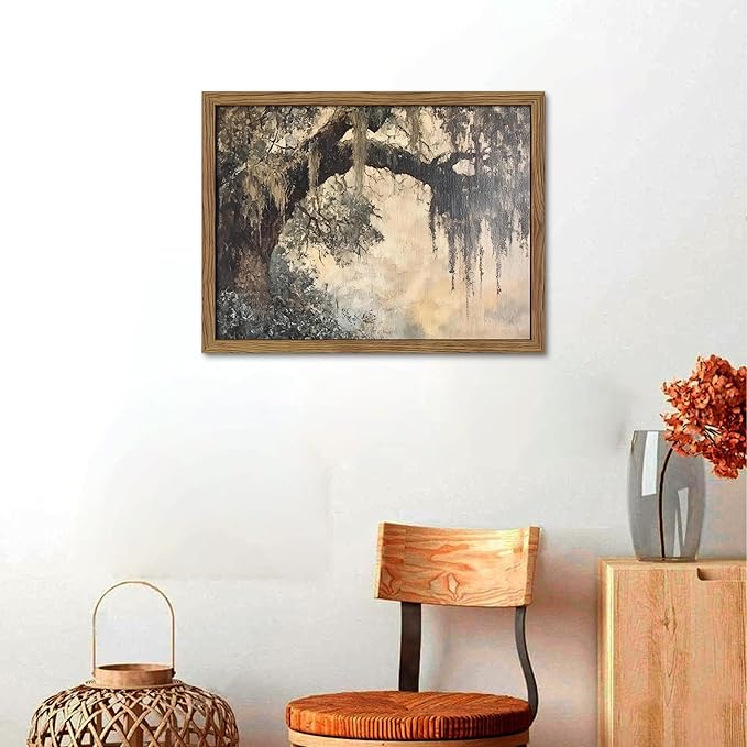 Framed Cottagecore Canvas Wall Art, Vintage Live Oak Tree Pictures Print, Charleston Spanish Moss Oil Paintings, Farmhouse Savannah Southern Wall Decor for Entryway Living Room – 8x10 inch