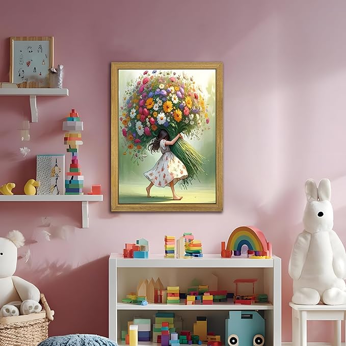 Wood Framed Pink Wildflower Canvas Wall Art, Girl Hugging Flowers Poster Prints Paintings, Teen Girls Preppy Bedroom Decor, Green Room laesthetic Picture for Kids Room Hallway Living Room 12x16 Inch