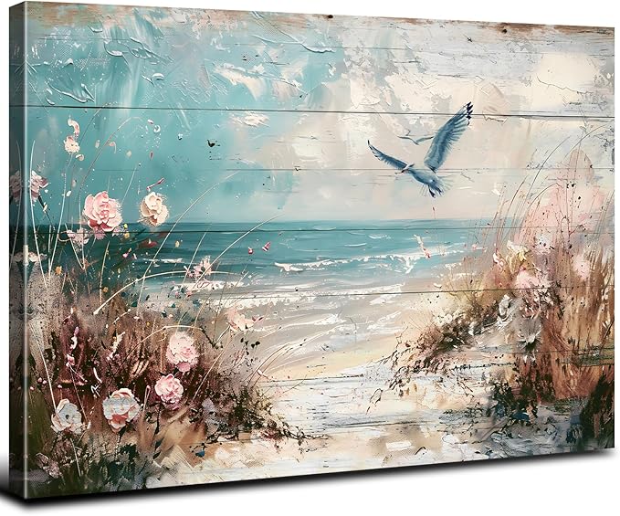 Beach Wall Art Coastal Bathroom Decor Nature Ocean Landscape Pictures Nautical Seagull Seaside Flowers Canvas Prints Vintage Modern Seascape Artwork for Bedroom Living Room Home Decoration 12x16"