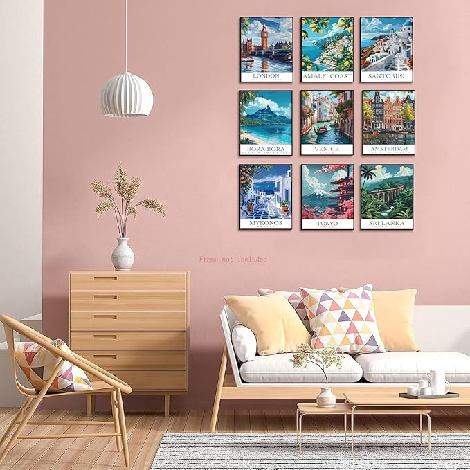 Vintage Travel Cities Posters Wall Art Set of 9,Europe Italy Cities Wall Decor, Trendy Modern The World Travel Canvas Art Prints Painting for Living Room Bedroom Bathroom Home Decor 8x10In Unframed