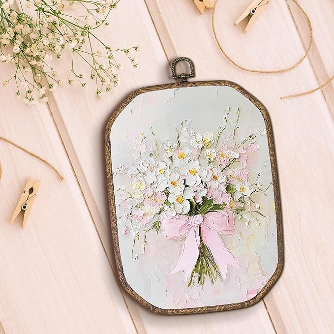 Hxlac Vintage Pink Bow Floral Bouquet Rectangular Wall Art Framed Set of 2, White Floral Rectangular Wall Decor, Spring Flower Hanging Canvas Prints Wall Sculptures for Bedroom Decor, 7.1x10.2 Inch
