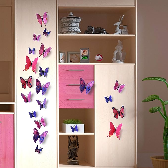 24pcs 3D Vivid Special Man-Made Lively Butterfly Wall Stickers Removable Butterflies Wall Decals 3D Nursery Art Decor for Kids Girls Bedroom Living Room Classroom Party Decoration Purple