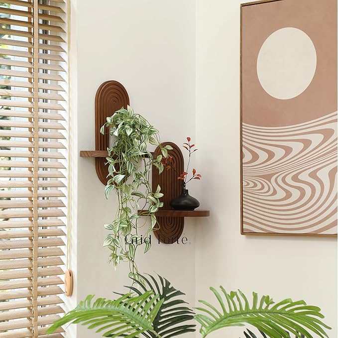Modern Wall Shelf (Set of 2) with Arched Wood Design Mid-Century Single Floating Rainbow Shelves for Indoor Decoration Holding Planter Ornaments, 14 x 11.6 Inch (Walnut)