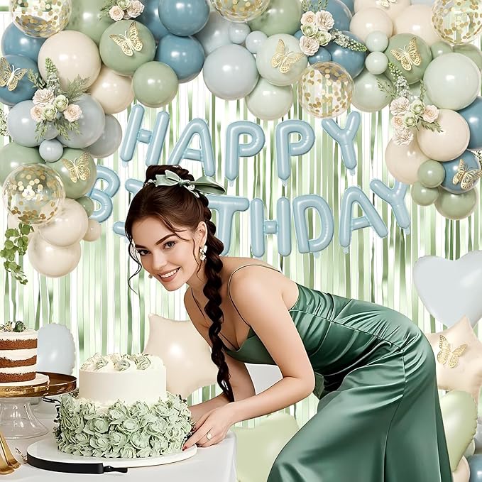 Blue and Green Birthday Decorations, Dusty blue Sage green Light Green Blue Sand White Gold Foil Confetti Balloons Happy birthday Banner Gold Butterfly Fringe Curtains for Birthday Party Decorations