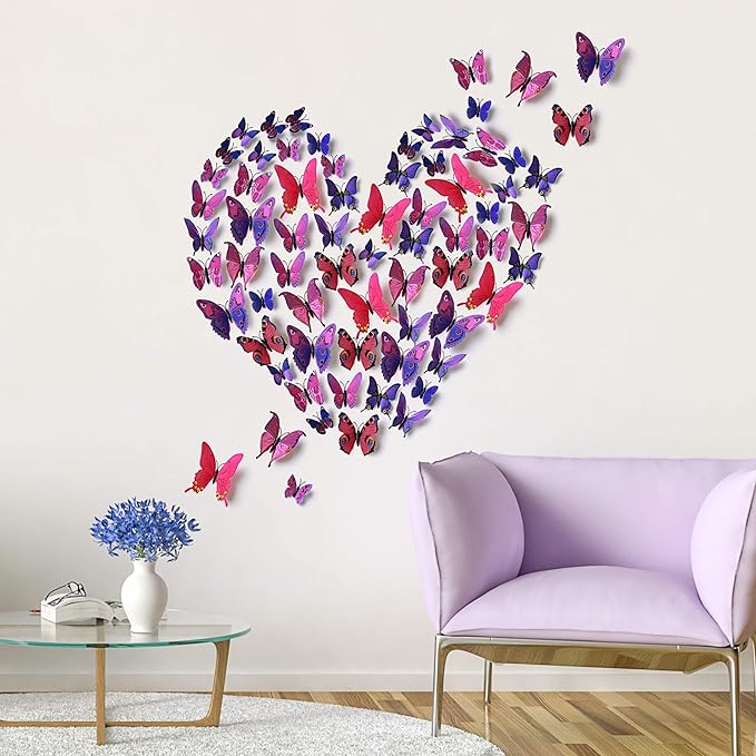 24pcs 3D Vivid Special Man-Made Lively Butterfly Wall Stickers Removable Butterflies Wall Decals 3D Nursery Art Decor for Kids Girls Bedroom Living Room Classroom Party Decoration Purple