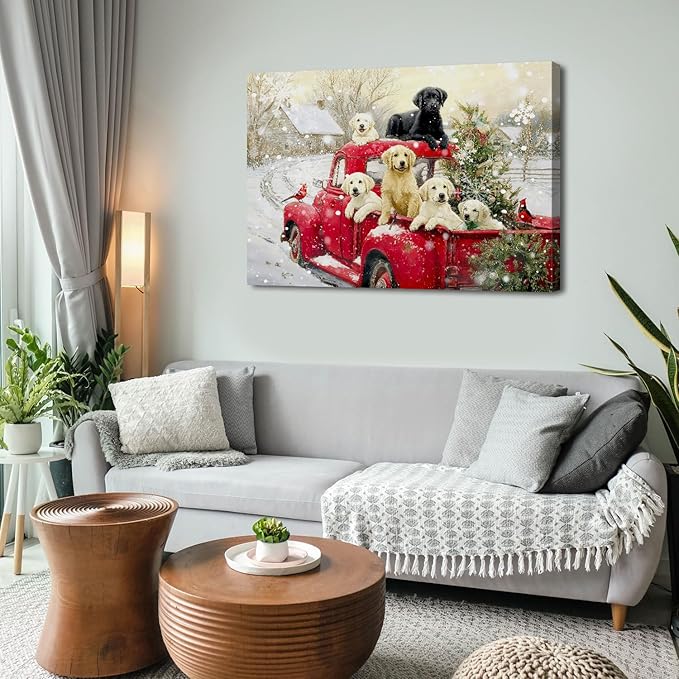 Vintage Christmas Wall Art Winter Farmhouse Scenic Wall Decor Red Truck Christmas Tree Canvas Prints Cute Puppy Pictures Snow Country Landscape Artwork for Bedroom Kitchen Home Decorations 32x48"
