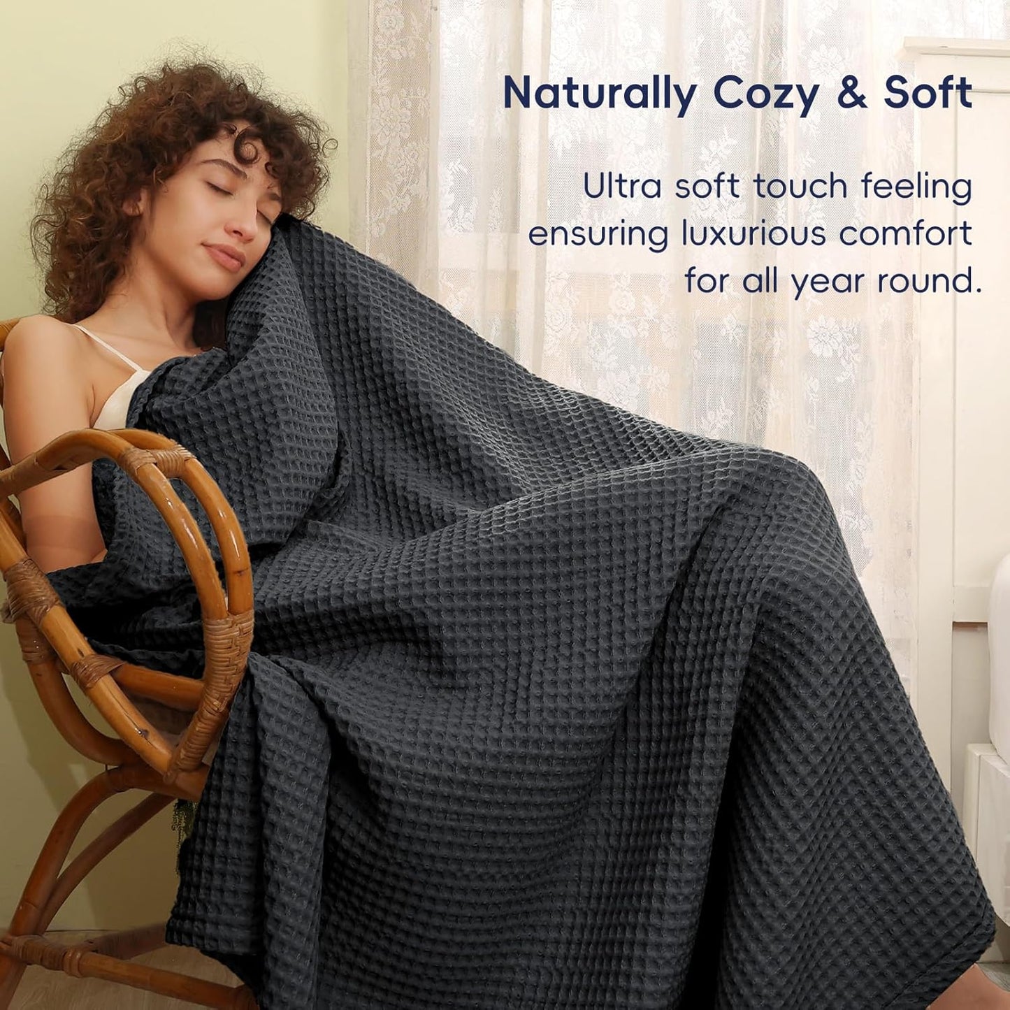 PHF Ultra Soft Waffle Weave Throw Blanket 50"x 60"- Washed Lightweight Breathablee Cozy Woven Blanket - Great for Couch Bed Sofa Home Car - Black