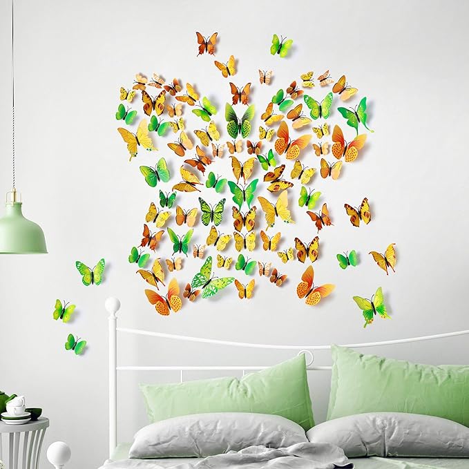 24pcs 3D Vivid Special Man-Made Lively Butterfly Wall Stickers Removable Butterflies Wall Decals 3D Nursery Art Decor for Kids Girls Bedroom Living Room Classroom Party Decoration Green & Yellow