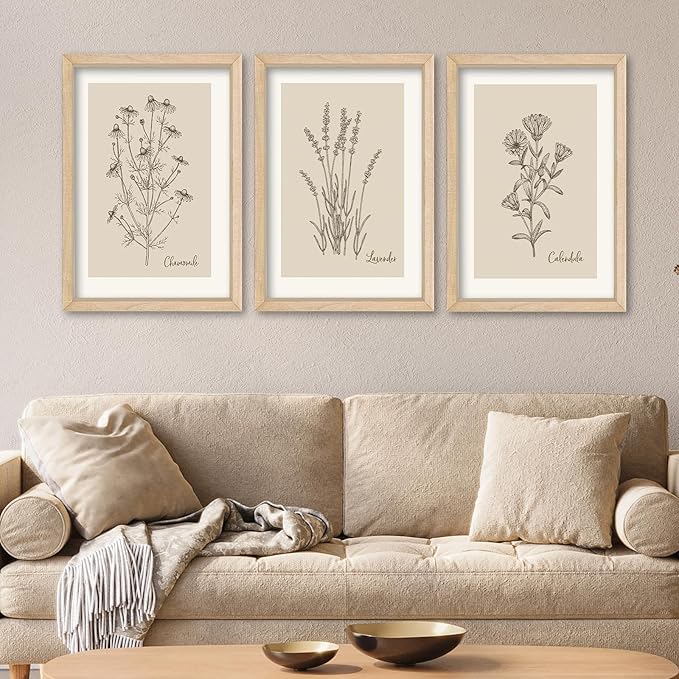 YWJKWLGS Framed Vintage Botanical Wall Art Set of 3, Natural Wood Frame Wildflower Prints, Minimalist Rustic Farmhouse Decor, 11x16 inch Art for Living Room Bedroom Office