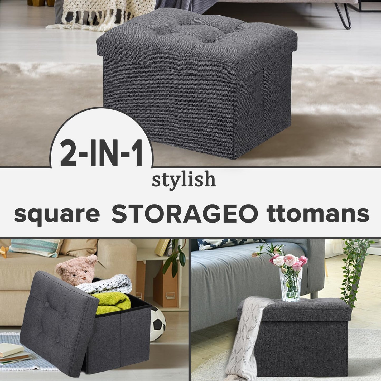 LINMAGCO Ottoman Storage Ottoman with Storage Small Foot Rest Stool Under Desk Stool Short Folding Footrest Linen Cloth Dark Gray 16X12X12IN