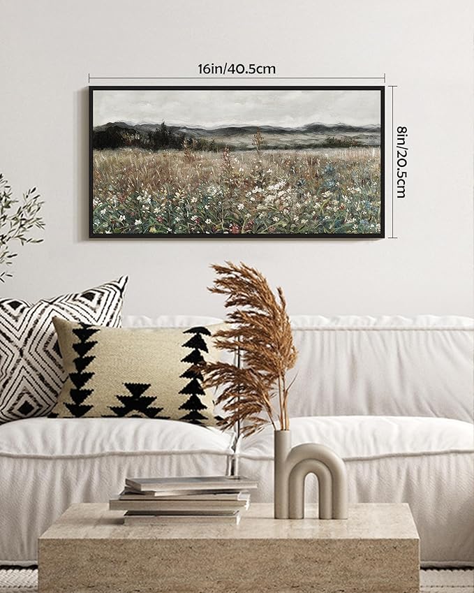 SHENIFY Vintage Landscape Framed Wall Art Meadow Flowers Farmhouse Decor Retro Classic Painting for Kitchen Bedroom Living Room Bathroom - 8x16in Black Framed