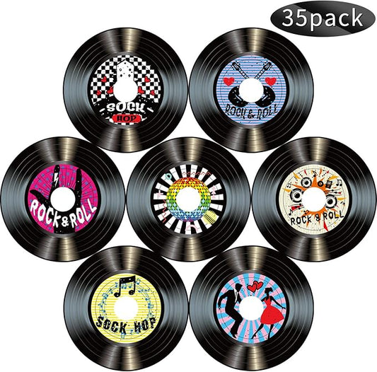 Boao 35 Pieces 7 Inch 1950's Records Decor Rock and Roll Music Party Decorations Retro 70's Wall Decor Fake Records Sign Cutouts for Disco Birthday Music Theme Party Decoration