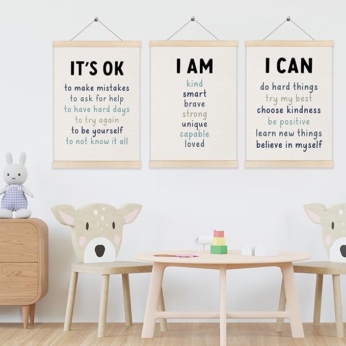 Koesus Inspirational Classroom Blue Wall Art Poster Hanger Frame 12x16 Inch Set of 3, Positive Affirmations for Kids, Motivational Canvas Pictures Prints Framed Wall Decor for Classroom Kids Room