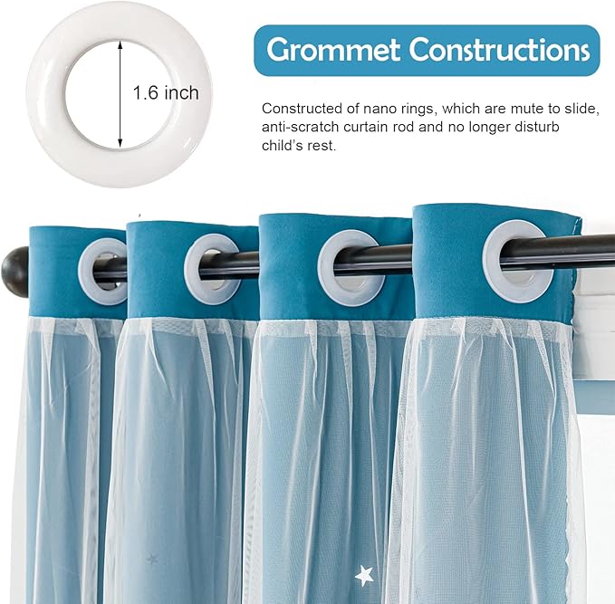 UNISTAR 2 Panels Stars Blackout for Bedroom Living Room Girls Kids Baby Room, Double Layer Star Cut Out Window Curtain, W34 x L84 Inch Length, Turquoise
