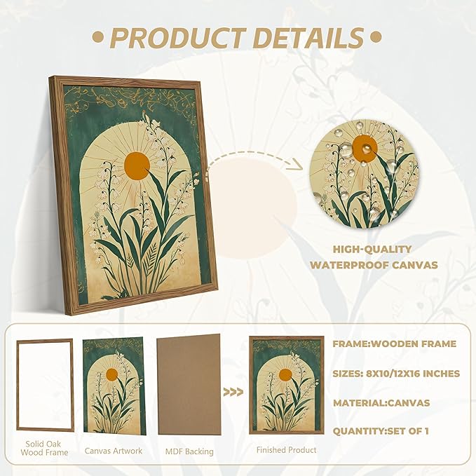 Framed Boho Wall Art, Lily of the Valley Emerald Green Sun Canvas, Mystical Country Botanical Wall Decor, Spiritual Flowers Poster Pictures Print for Bedroom Living Room – 8x10 inch