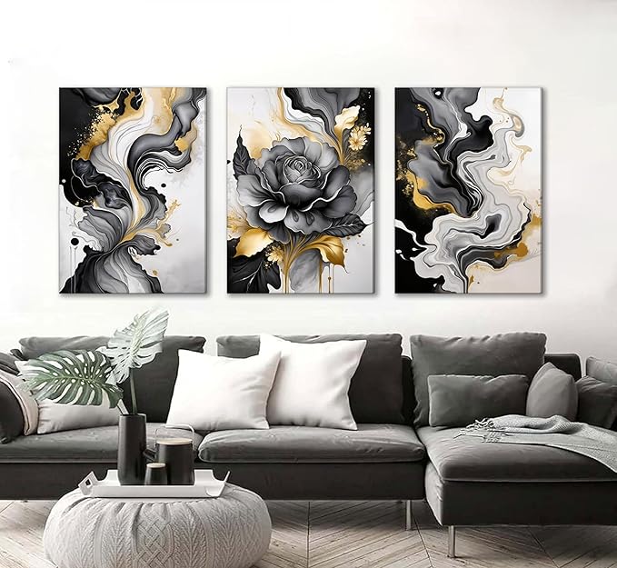 3pcs Black And Gold Abstract Canvas Wall Art Modern Black Grey And Gold Marble Wall Decor Pictures Minimalist Foil Fluid Texture Posters Prints for Living Room Bedroom Office Home Decoration