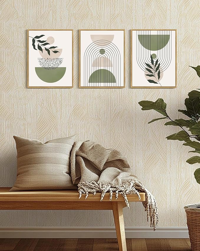 Drsoum Green Botanical Boho Wall Art Framed Modern Sage Bohemian Plant Wall Decor Abstract Geometry Lines Prints Ready to Hang 11x14in Natural Framed