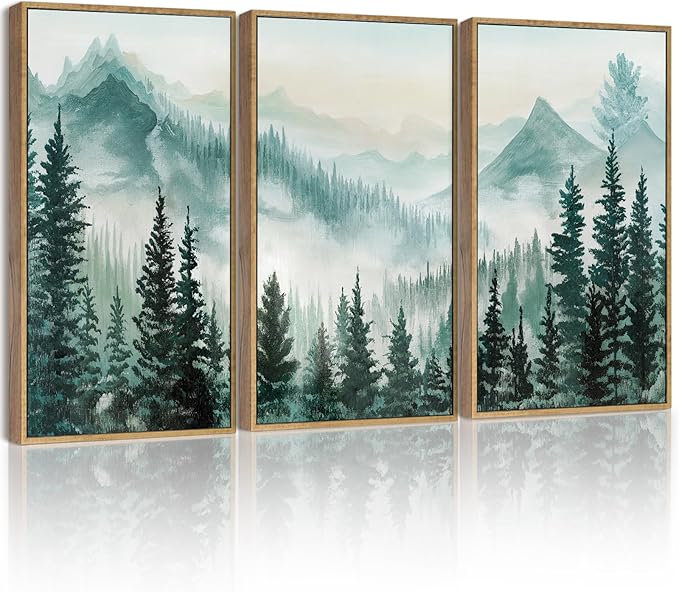SHENIFY Fog Pine Green Tree Forest Canvas Wall Art Large 16x24in Framed Nordic Nature Modern Artwork Prints Decor - Natural Framed