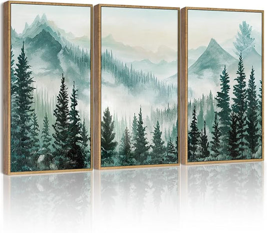 SHENIFY Fog Pine Green Tree Forest Canvas Wall Art Large 16x24in Framed Nordic Nature Modern Artwork Prints Decor - Natural Framed