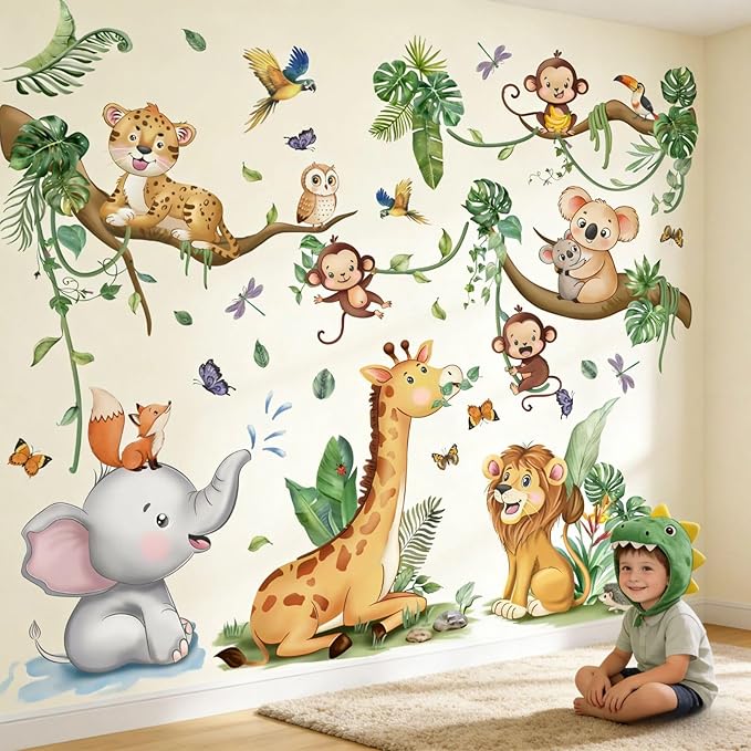 Baby Animal Wall Decals for Nursery: Jungle Safari Theme Kids Room Decor with Peel and Stick Removable Vinyl Wall Stickers for Kids Ages 0-12 Years