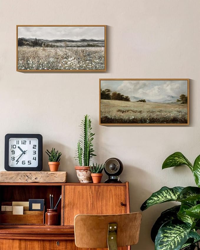 SHENIFY Vintage Framed Wall Art Meadow with Flowers Landscape Painting Retro Scenery Farmhouse Bedroom Living Room Decor - 8x16in Natural Framed