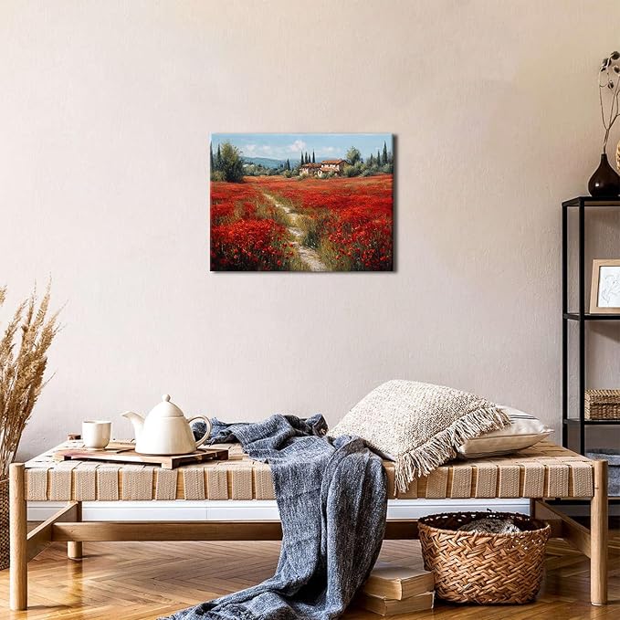 Abstract Red Poppy Wall Art Nature Flowers Botanical Wall Decor Farmhouse Spring Floral Pictures for Bathroom Rustic Country Wildflowers Painting Artwork for Living Room Bedroom Home Decoration 12x16"