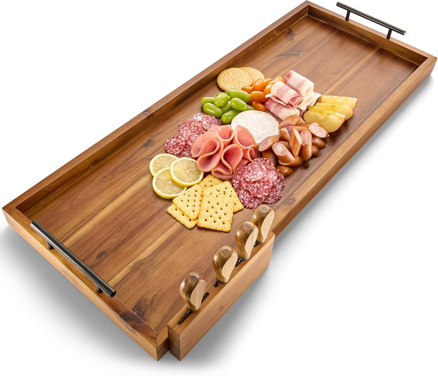 Acacia 30 Inch Large Charcuterie Board with Cheese Knife Set of 4 – Acacia Wood Serving Tray With Handles, Long Charcuterie Board, Large Charcuterie Boards for Party, Wooden Cheese Board