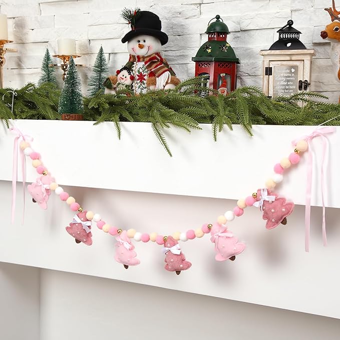 Pink Christmas Felt Garland 3D Coquette Bow Xmas Tree Pom Ball Banner Holiday Decorative Hanging Bunting Garland for Home Mantel Fireplace Window Wall Decor