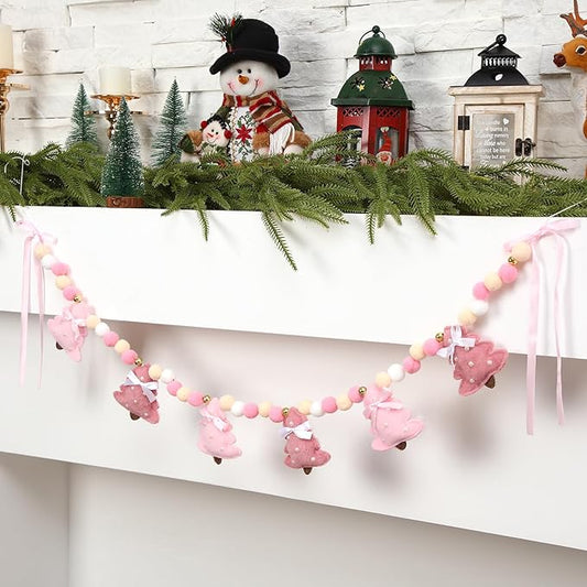 Pink Christmas Felt Garland 3D Coquette Bow Xmas Tree Pom Ball Banner Holiday Decorative Hanging Bunting Garland for Home Mantel Fireplace Window Wall Decor