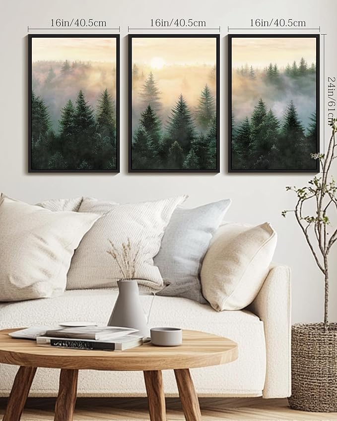 Drsoum Green Fog Pine Tree Landscape Wall Art Framed Nature Misty Nordic Forests Prints Morden Farmhouse Rustic Artwork Hallway Bedroom Ready to Hang 16x24in Black Framed