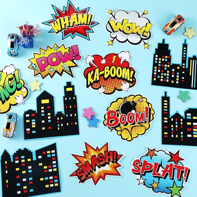 124Pcs Super Theme Hero Decor Super Bulletin Board Heroes Party Decorations Back to Bulletin Board Set Party Supplies for Birthday Shower Favors