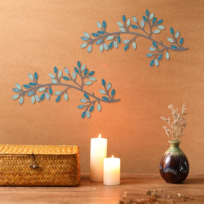 Hotop 2 Pieces Metal Tree Leaf Wall Decor Vine Olive Branch Leaf Wall Art Wrought Iron Scroll Sculptures Above the Bed, Living Room, Outdoor Decoration(Classic Style,Teal)