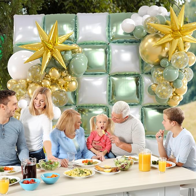 25pcs Green and White Foil Square Balloon Backdrop Wall &149pcs Sage Green Gold White Balloons Arch, Double Sided Balloon Tunnel with for Birthday Baby Shower Graduation Party Decor