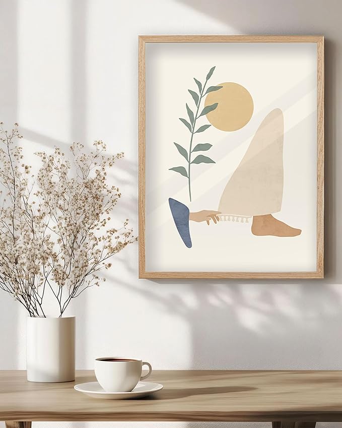 KensTro Natural OAK Wood Beige Boho Christian Framed Wall Art, 16x20 in Mid Century Modern Woman Touches Jesus Robe,Jesus Heals a Woman Canvas Art,Minimalist Religious 1Pack for Living Room Bedroom